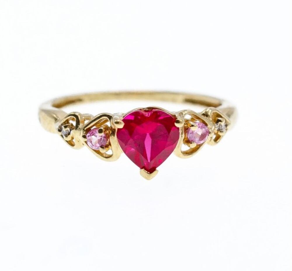 10K Yellow Gold STS Ruby Spinel & Diamond Heart Ring Size 7
